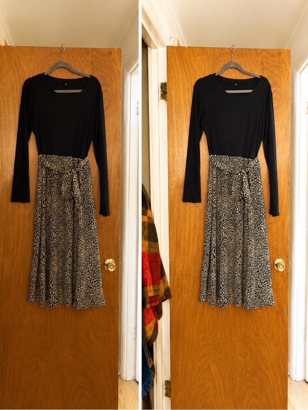 Black Long-Sleeve Tie-Waist Midi Dress with Cream Print